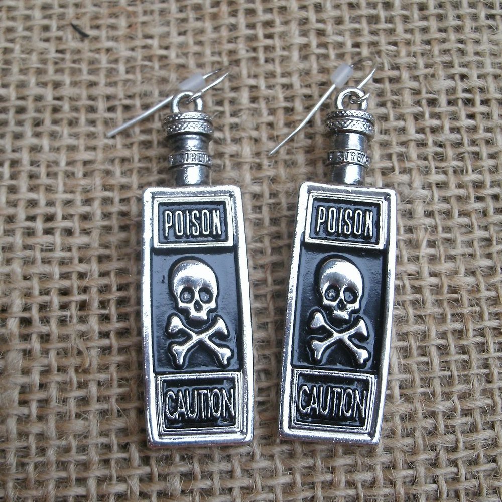 Pewter Poison Bottle Earrings Skull & Crossbones